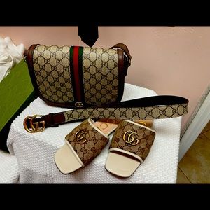 Guicci cross body bag, sandals (size 8) and belt